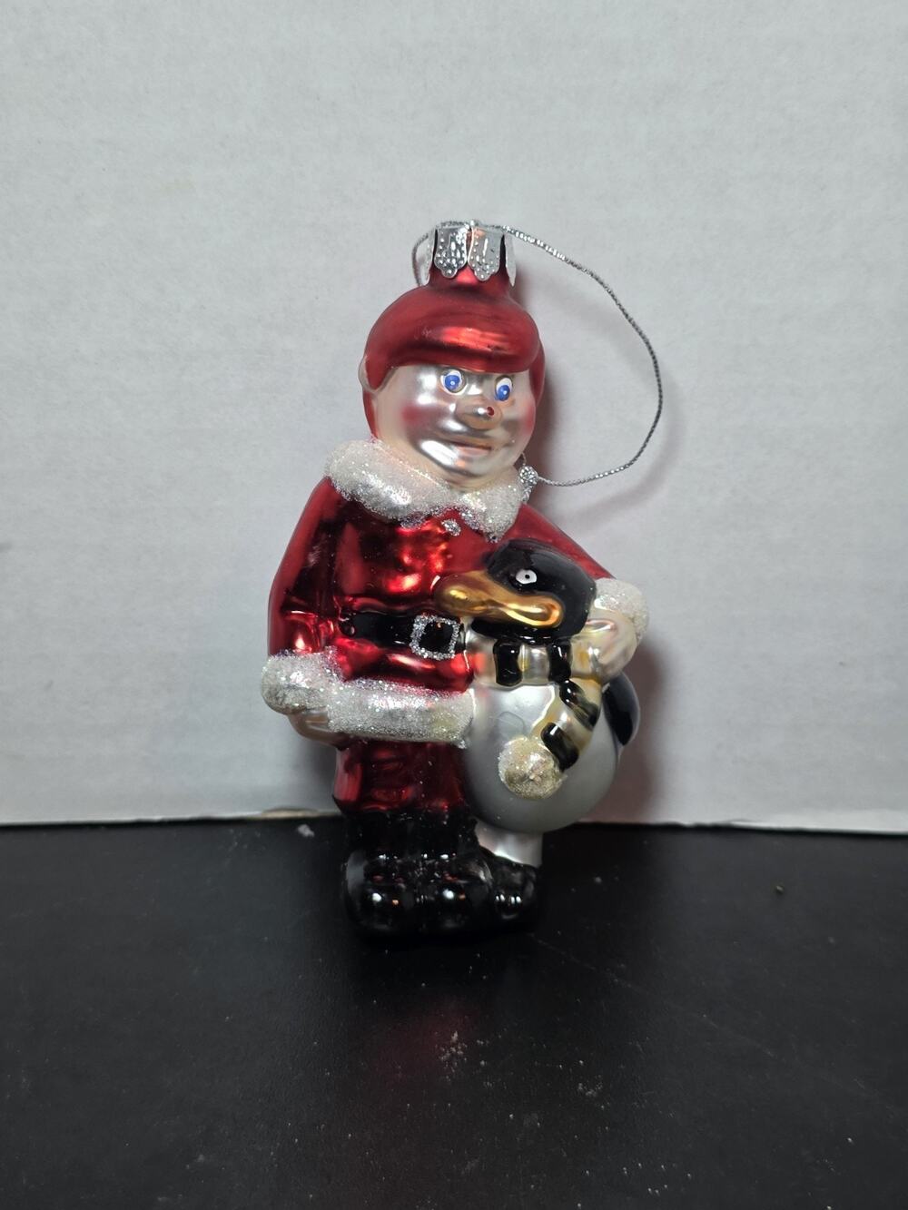 Blown Glass Santa Claus Coming To Town Kris Kindle Christmas Ornament W/Penguin